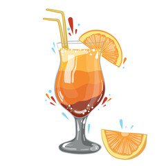 gin and tonic cocktail with orange, vector clipart, hand drawn food illustration good for card and print design