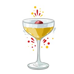 alcohol gin and tonic cocktail with cherry, vector clipart, hand drawn food illustration good for card and print design