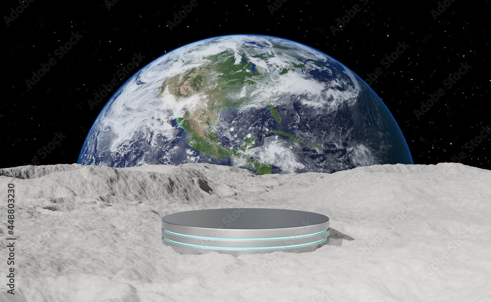 Wall mural empty silver cylinder podium on moon surface with earth. realistic over earth with night lights from