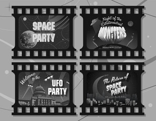 Space and UFO Party Posters, Invitations, Retro Space and Horror Movie Posters Stylization, Black and White Films Illustrations