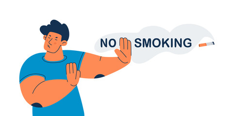No smoking. Young man rejected cigarette with a gesture. Vector banner promoting rejection of nicotine. Isolated illustration.