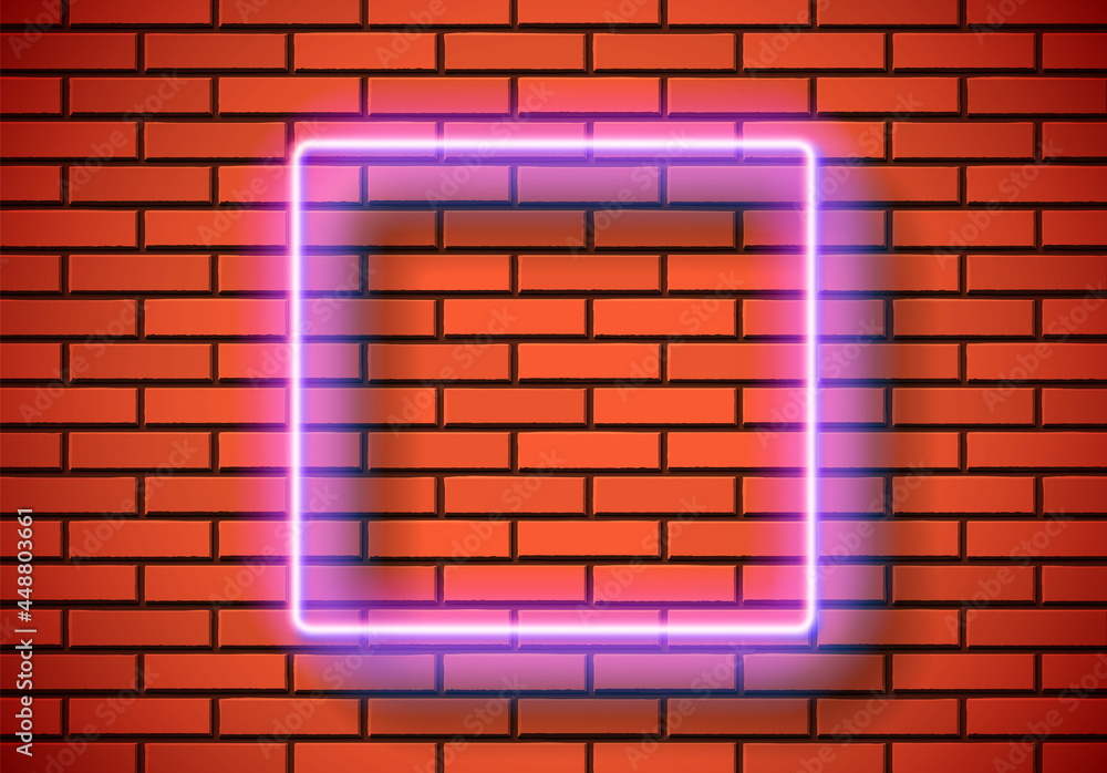 Poster neon frame with square shape on the red brick wall. classic rectangular 80s styled shiny glowing neo