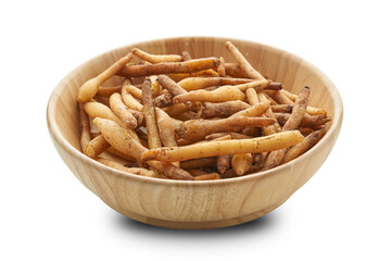 Fresh Finger root or Kaempfer (kachai) Thai herb in a wooden bowl isolated on white background with a clipping path.                                               