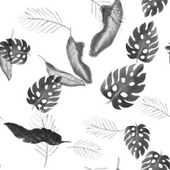Gray Seamless Wallpaper. Black Watercolor Texture. White Pattern Illustration. Tropical Garden Floral Texture. Summer Design Nature Backdrop. Vintage Textile.