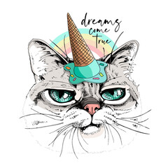 Portrait of the funny Grumpy cat in the Ice cream party hat on a rainbow background. Humor card, t-shirt composition, hand drawn style print. Vector illustration.