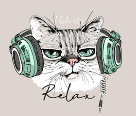 Portrait of the funny relaxed cat in the headphones. Humor card, t-shirt composition, meme, hand drawn style print. Vector illustration. - 448803650