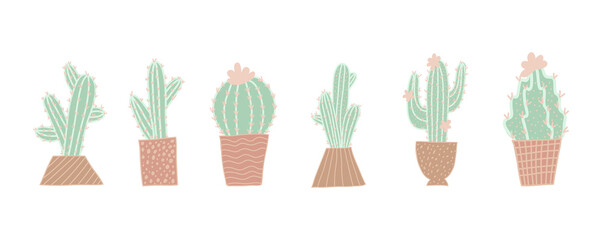 Cute vector illustration of cacti. Cute hand drawing vector cacti in pots in doodle style.