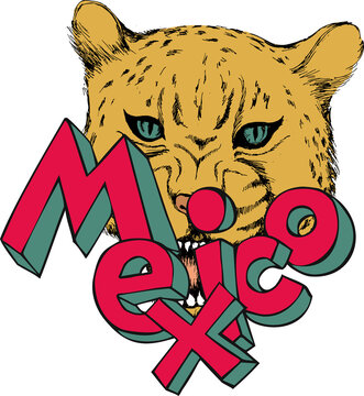 Hand-drawn lettering Mexico and jaguar head on white background