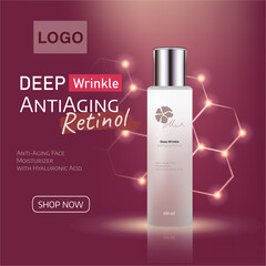 Ads red luxury Cosmetic with professional facial serum on the background of waves and light Effect. Template cosmetic products  Element for design, advertising, promotion of cosmetic