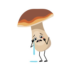 Cute mushroom character with crying and tears emotion, sad face, depressive eyes, arms and legs. A funny healthy wholesome food, forest plant
