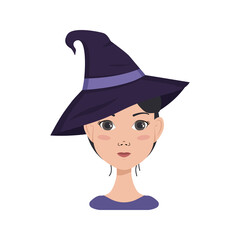 Avatar of asian woman with dark hair with emotions of joy and happiness, smile face and wearing a witch hat. Halloween character in costume