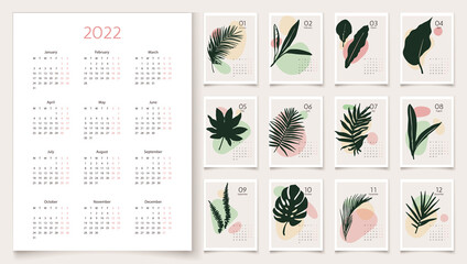 Vertical 2022 calendar design. Week starts on Monday. Editable calendar page template A4, A3. Abstract artistic vector illustrations with palm leaves in pastel colors. Set of 12 months