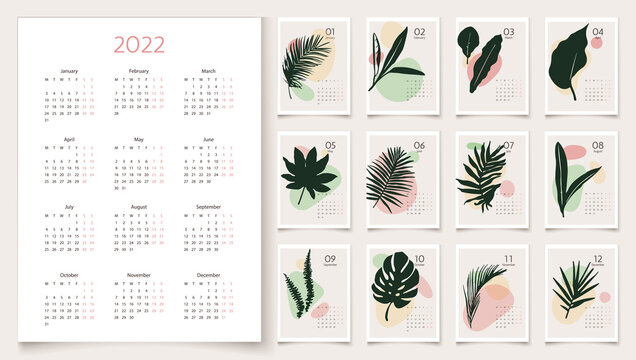 Vertical 2022 calendar design. Week starts on Monday. Editable calendar page template A4, A3. Abstract artistic vector illustrations with palm leaves in pastel colors. Set of 12 months
