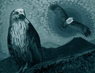 Art painting Fine art Oil color cute  eagle birds  in dark blue , monochrome