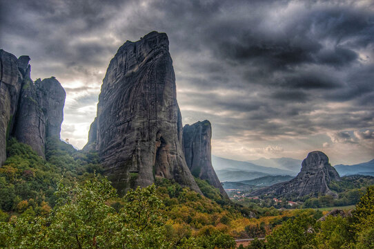 Panoramic View Of Rock Formations Against Sky In Meteora
