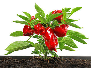 small compact plant of a mini red bell paprika, capsium annuum, planted in a pot isolated on white...