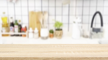 Empty wood table top on blurred kitchen counter background - can be used for display or product display concept.