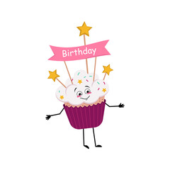 Cute cupcake character with joyful emotions, smile face, dancing, happy eyes, arms and legs. Sweet food with decorations, festive dessert