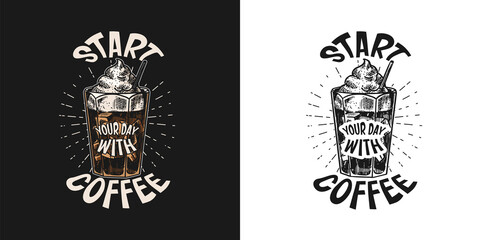 Fototapeta premium Coffee shop logo and emblem. Cup of drink. Latte or cappuccino or espresso. Vintage retro badge. Hand Drawn engraved sketch. Templates for t-shirts, typography or signboards.