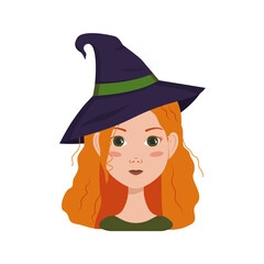 Avatar of a woman with red curly hair, emotions of joy and happiness, smile face and wearing a witch hat. Girl with freckles in a suit for Halloween