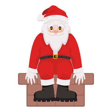 Santa Claus sitting on chimney pipe. Christmas character in cartoon style