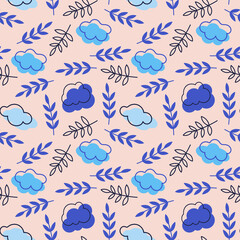 Vector illustration of a seamless pattern with doodles. Blue clouds on a peach background. For printing on fabric, paper, wall decoration.