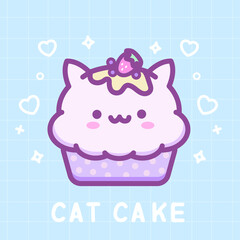 Cute cat Cupcake. Kawaii Food for Dessert. Cutie kitty Muffin Cake  with sweet berries and strawberry. Vector illustration in line art Japanese style for card, print, icon, logotype or sticker.