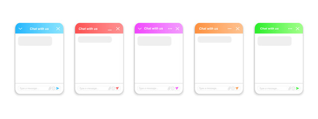 Chatbot window design collection. Life chat templates set. Customer service online forms. Virtual assistant bot layouts. Mobile messenger app examples. Vector illustration.
