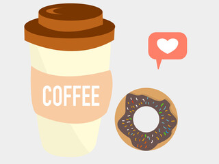 Coffee glass, cardboard cup, recycled coffee, hot drink and donut, with a heart of like