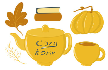 Autumn cozy collection of elements, set with mug and teapot, pumpkin, pumpkin drink, autumn leaves, book collection, home collection for a cozy evening, cute illustration, cartoon style, hygge autumn