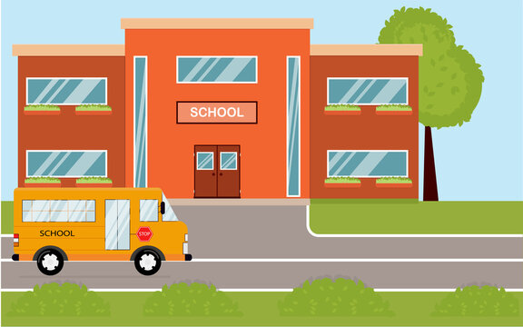 School building in cartoon style. Modern school with a bus and a front yard.