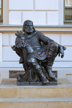 Gniezno, Poland - July 20, 2021: Monument to the first Polish king Boleslav I the Brave in front of the town hall
