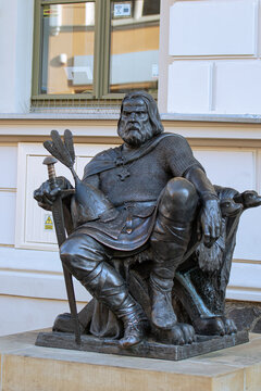 Gniezno, Poland - July 20, 2021: Monument to the first Polish king Boleslav I the Brave in front of the town hall