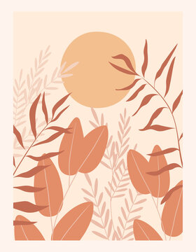 An abstraction of nature with plant branches and the sun. The image is in a retro minimalism style. Vector for a poster, cover, flyer or wall decor.