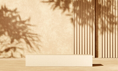 3D beige concrete podium display with lights and plants shadows