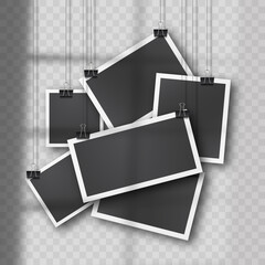 Hanging photo set in vintage style on soft transparent background.