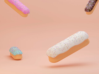 Donuts with sprinkles flying over on background . 3D rendering