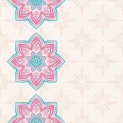 Seamless border pattern with red and turquoise color mandalas. Mehndi lace borders. Endless texture. Space for text. Vector color background.