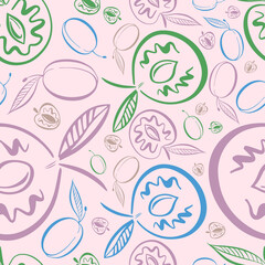 Modern seamless vector colorful pattern abstract silhouettes of summer pit fruits in pastel tones
