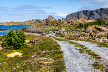 Leka island coastal shoreline with Heilhornet mountain on the horizon under blue clear skies. Trondelag county, Norway summer panorama.