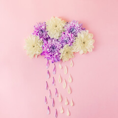 Purple and yellow cloud and rain made with flowers and petals. Minimal nature or woman's day concept. Creative pastel pink background.