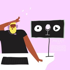 Radio host. Media hosting vector freehand drawing. Funny brutal man podcaster in headphones , isolated cartoon character broadcaster
