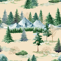 Mountain landscape seamless pattern. Watercolor illustration. Hand drawn realistic wild nature pine, mountain scene pattern. Green forest endless element. Northern nature on pastel cream background