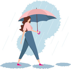 A woman with an umbrella. Rain, puddles