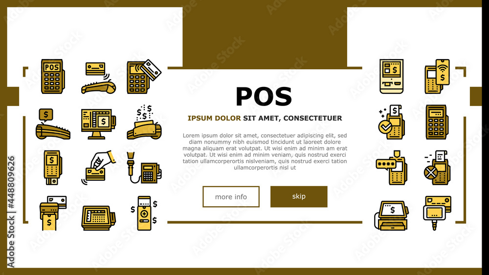 Aufkleber pos terminal device landing web page header banner template vector. pos terminal for accept payment 