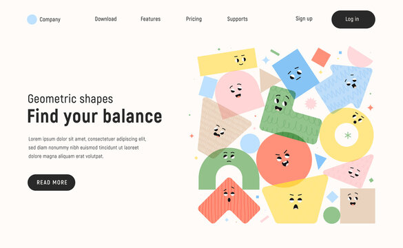 Vector landing page with character geometric figures on white background. Cute cartoon characters, colorful various figures with textures and blur elements. Poster design template.