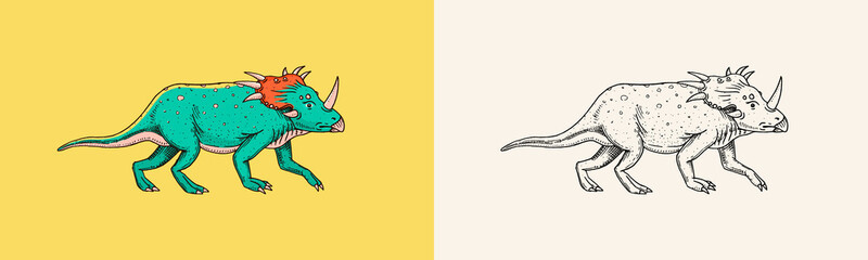 Dinosaur Triceratops, skeletons, fossils. Prehistoric reptiles, Animal. Engraved vintage Hand drawn sketch for t-shirt print or poster.