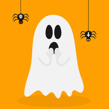 Cute ghost character with black spider, isolated on orange background.