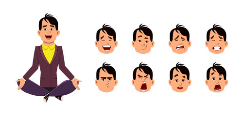 Meditating  and yoga posture in  young man sitting. Young man character with different type of facial expression .