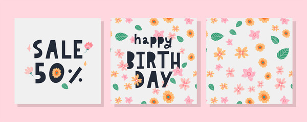 Happy Birthday text Flowers letter Holiday Banner Card Celebration